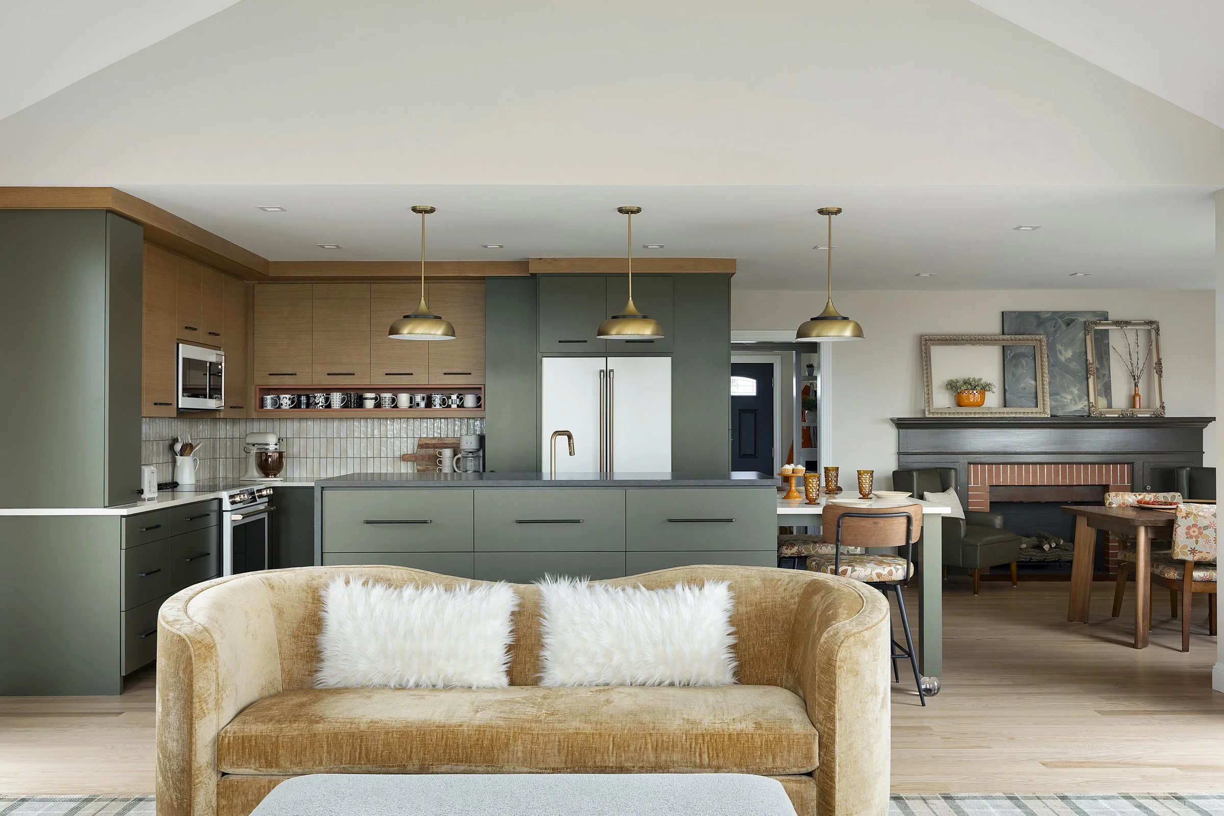 Modern Green Kitchen with Gold Couch