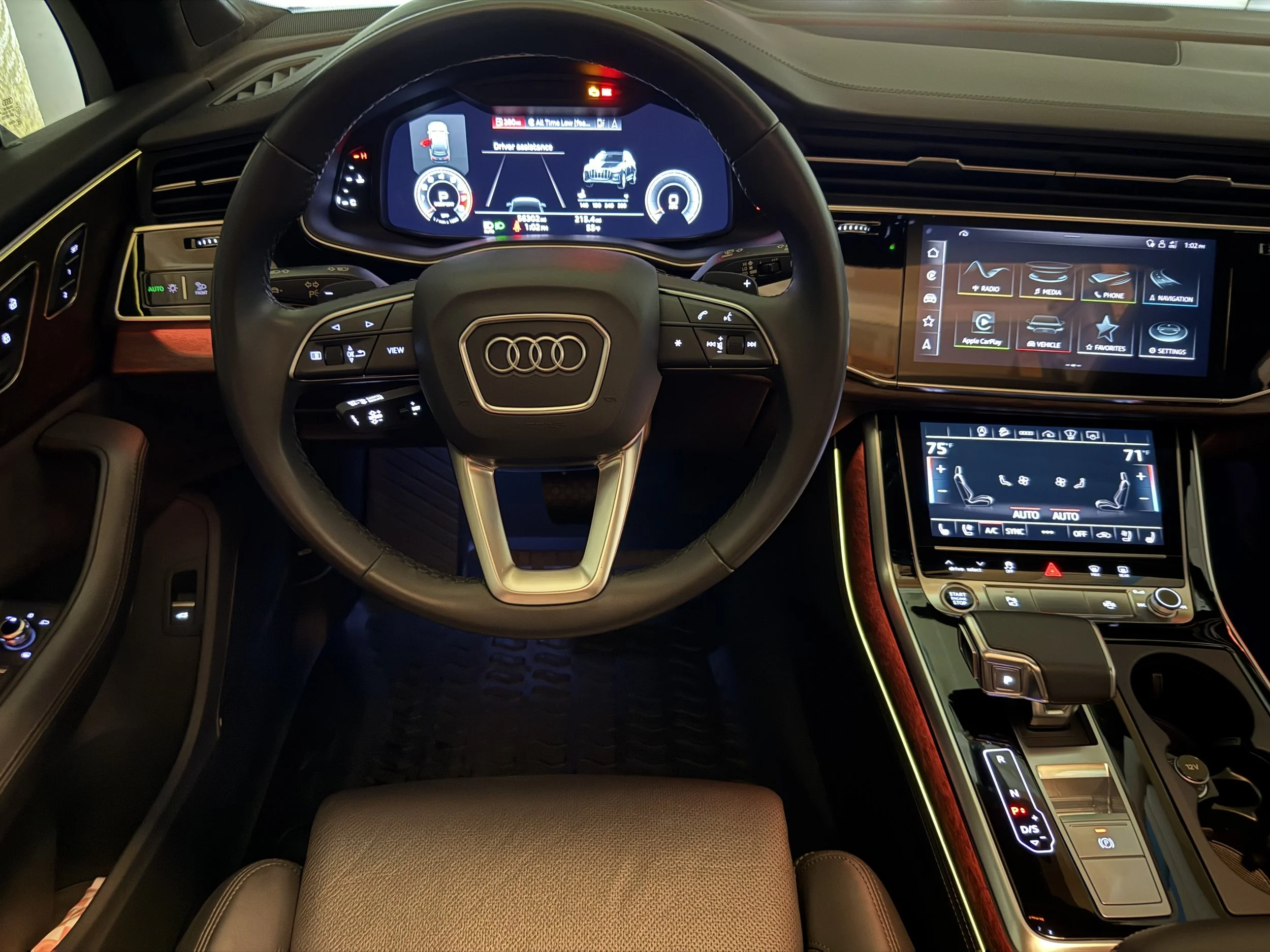 heated steering wheel and full leather stitched upper dash