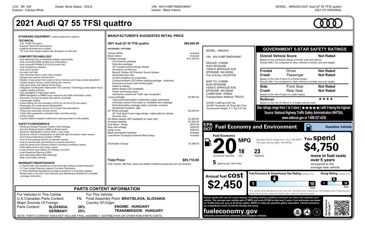 original window sticker with options shown $85,710 MSRP!