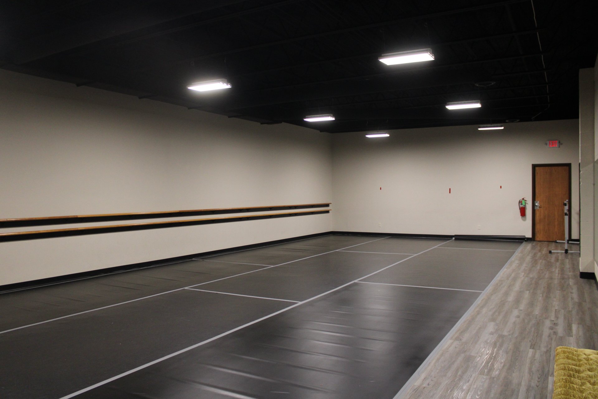 Studio 2 - 1200 sq ft dance space with Marley Floors
Designed for Combo Classes & Tap Technique Classes! Custom Ballet Barres too!
