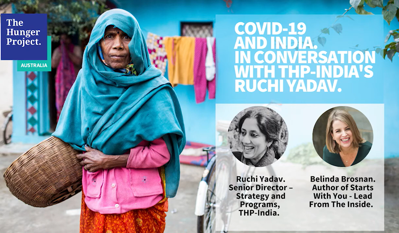 An elderly woman wearing a blue headscarf and pink dress carrying a woven basket in front of a blue wall with clothes hanging, with an overlay text about COVID-19 and India, featuring photos and titles of Ruchi Yadav and Belinda Brosnan.