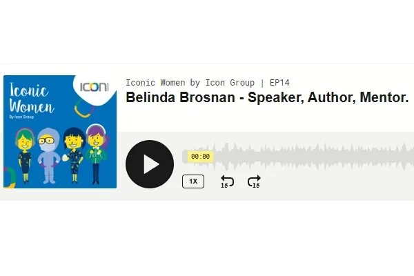 Screenshot of a podcast episode titled 'Iconic Women' featuring Belinda Brosnan, a speaker, author, and mentor, with an illustration of four cartoon women on the cover.