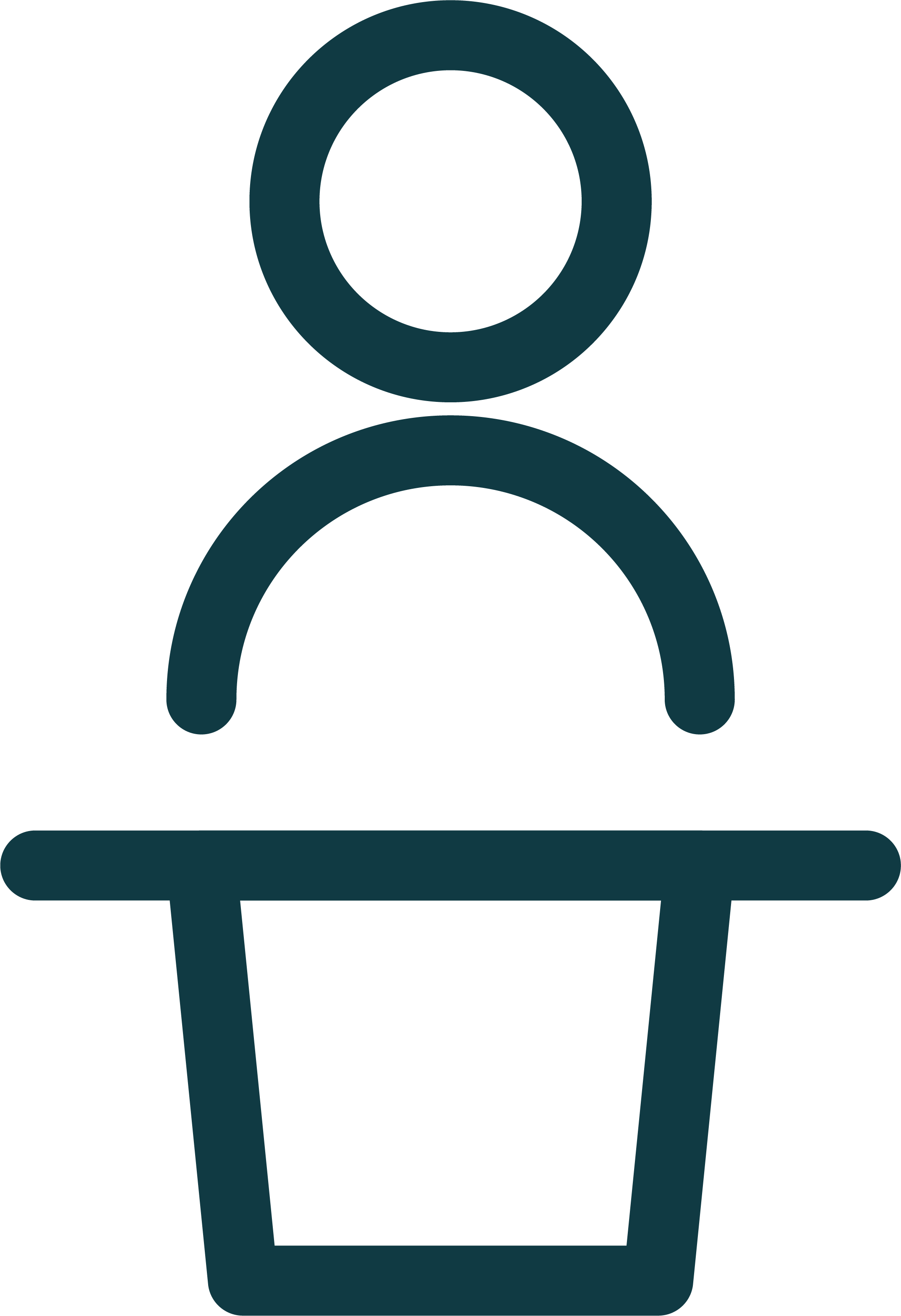 Outline icon of a person with a circle head and rounded rectangle body, sitting at a desk with a horizontal line representing a computer or workspace.