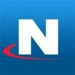 Stylized letter N with a red swoosh underneath on a blue background.