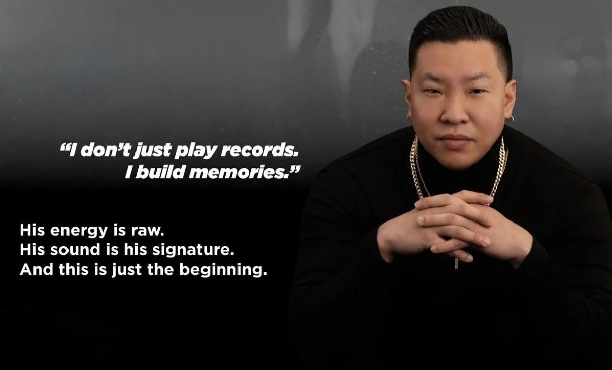 A young man wearing black clothing and gold chains, sitting with clasped hands, looking at the camera. Overlaid text quotes him about building memories through music, emphasizing raw energy and signature sound.