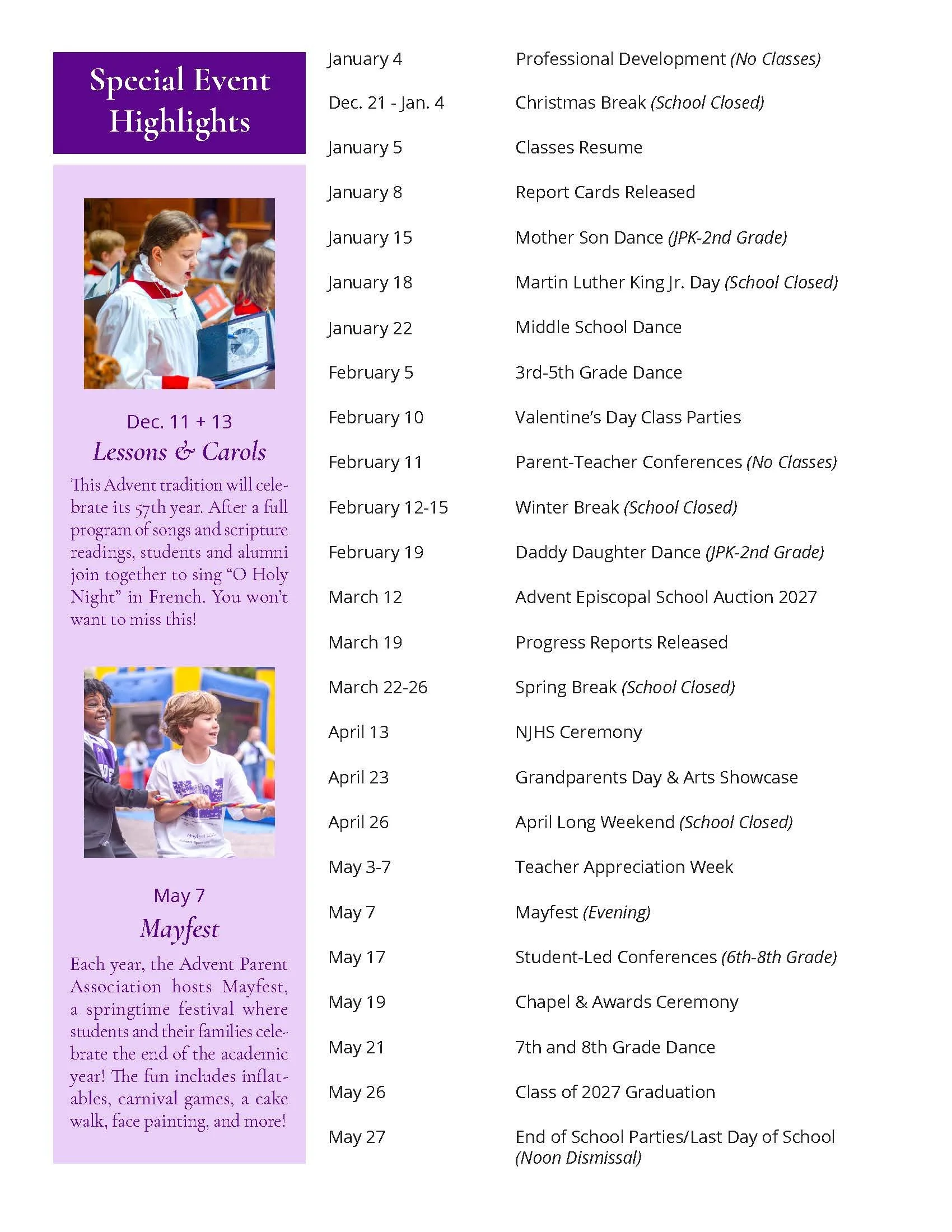 A school event calendar listing dates for various activities and holidays, including special events, dances, parent-teacher conferences, holidays, and end-of-year activities.