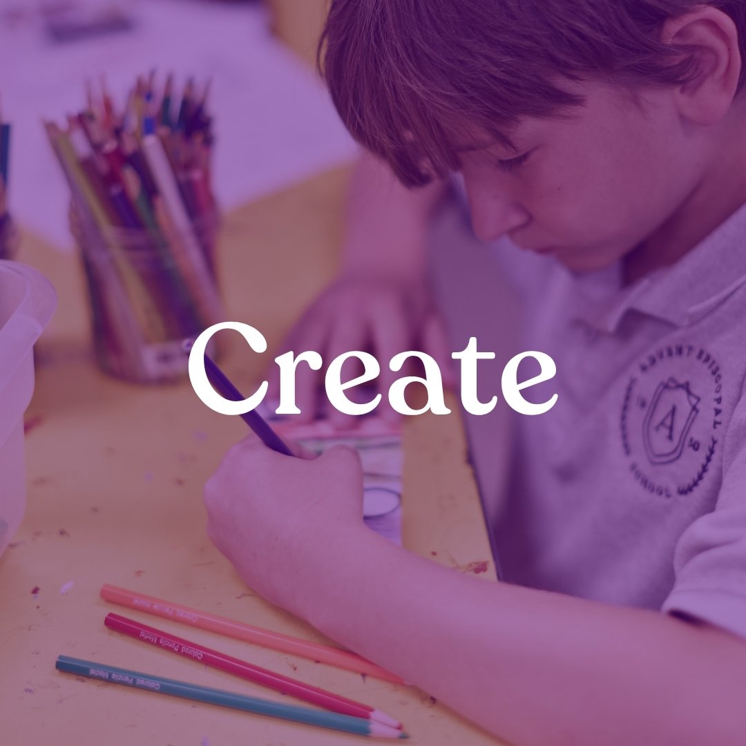 A young boy sitting at a table with colored pencils, creating art, with the word 'Create' overlaid.