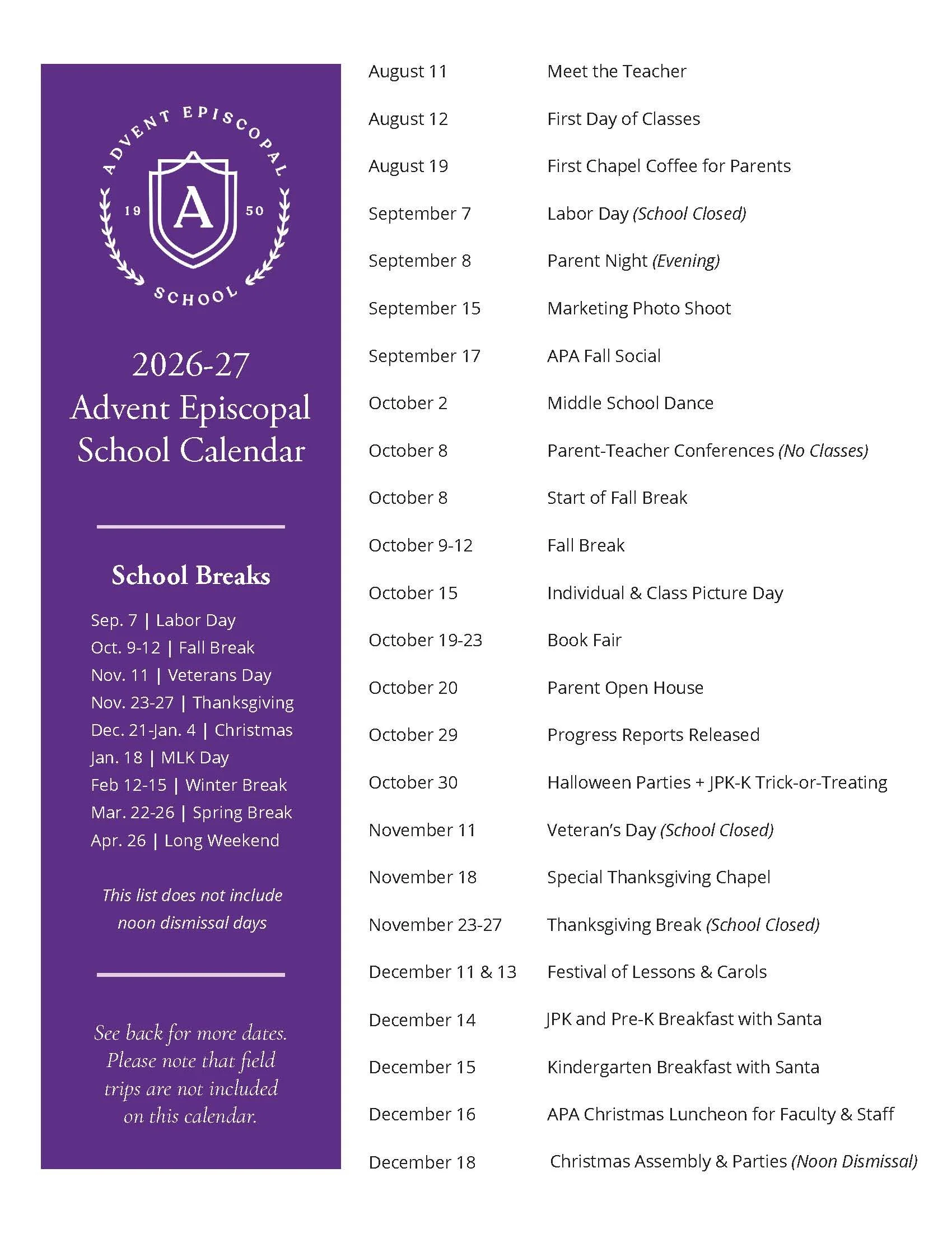 School calendar for the 2026-27 academic year, listing important dates and events such as meet the teacher, first day of classes, holidays, parent-teacher conferences, and breaks. The calendar highlights start and end dates for various breaks, parent events, and special days like Veterans Day, Thanksgiving, Christmas, and winter break.