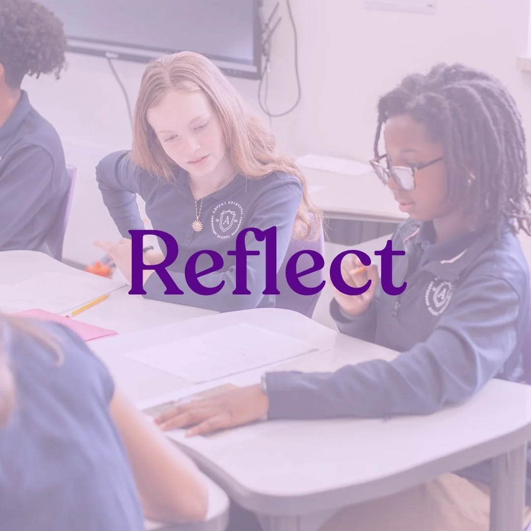 Students sitting at a classroom table engaged in learning, with the word 'Reflect' overlaid.
