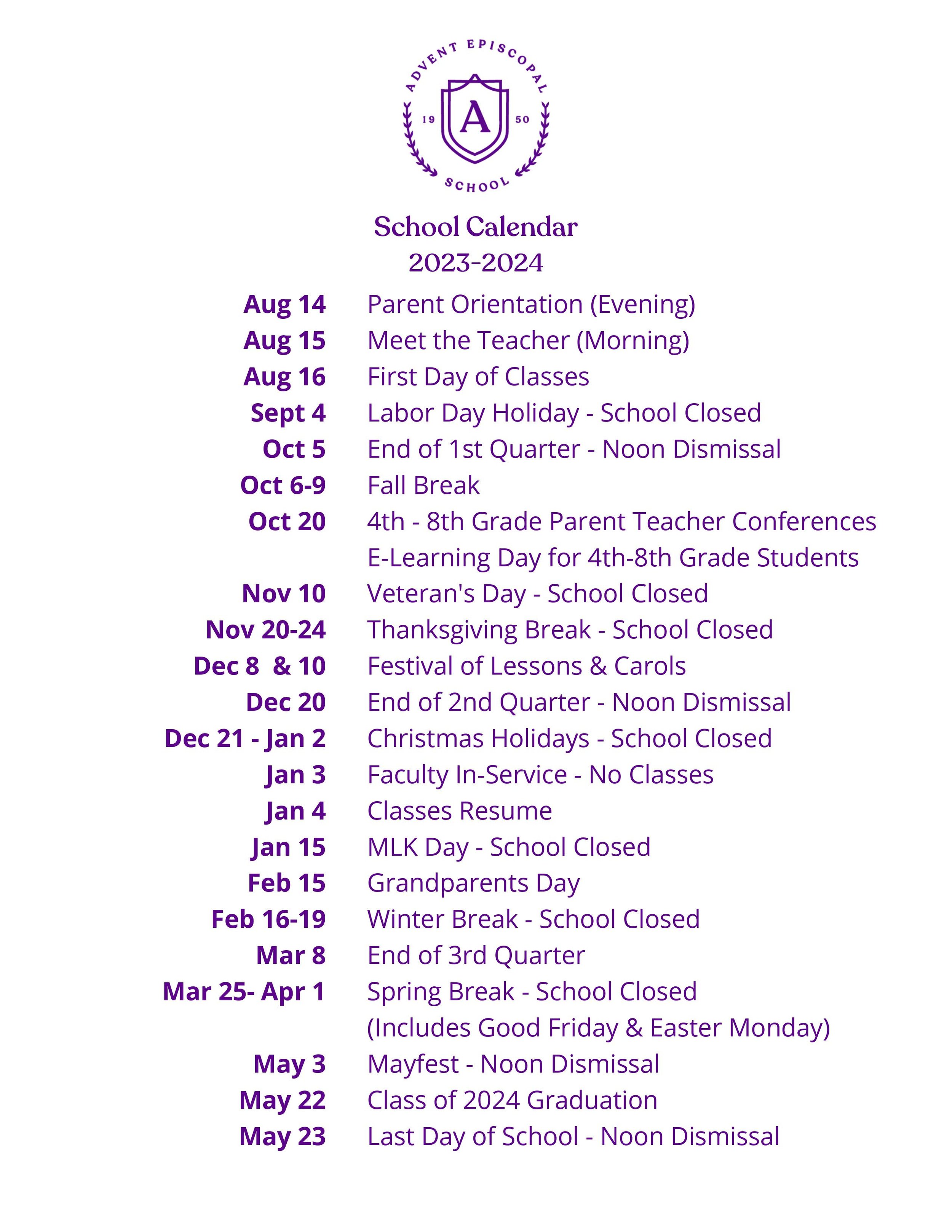 Calendar — Advent Episcopal School