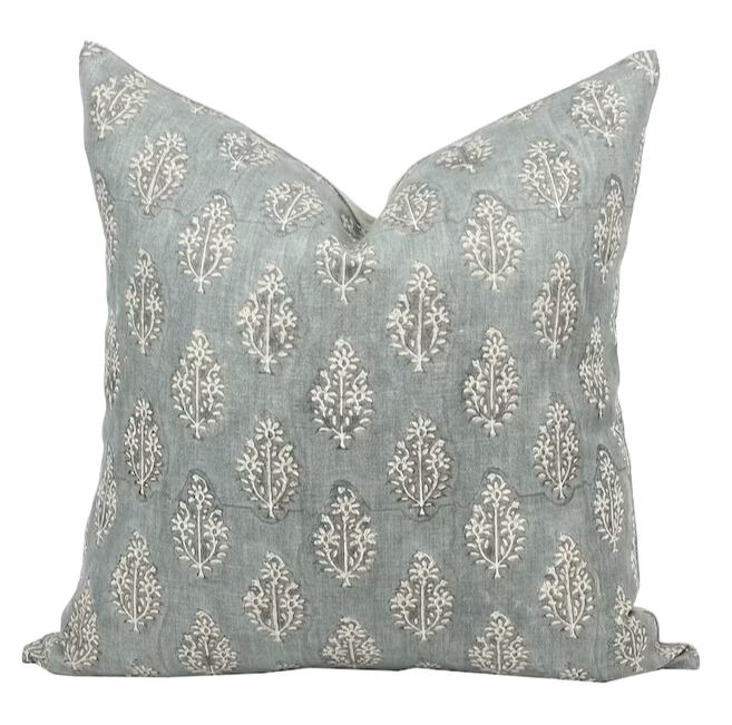 ARDEN | Designer Blue Grey Linen Pillow Cover, Block Print Pillow, Farmhouse Pillow, Blue Grey Pillow, Hand Printed Pillow, Floral Pillow