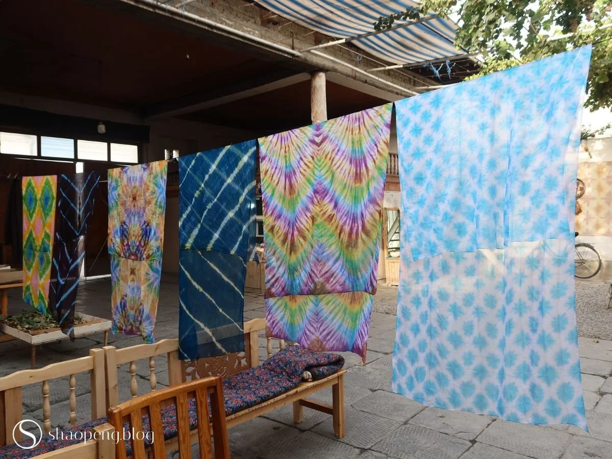 Tie-dyed silk scarves at Silk Factory in Margilan