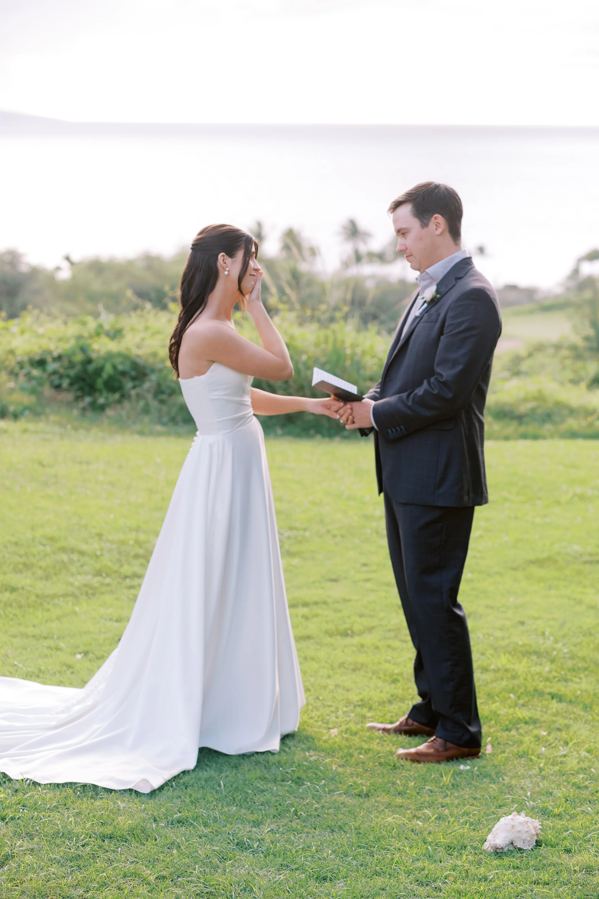 Groom reading bride vows at Gather on Wailea