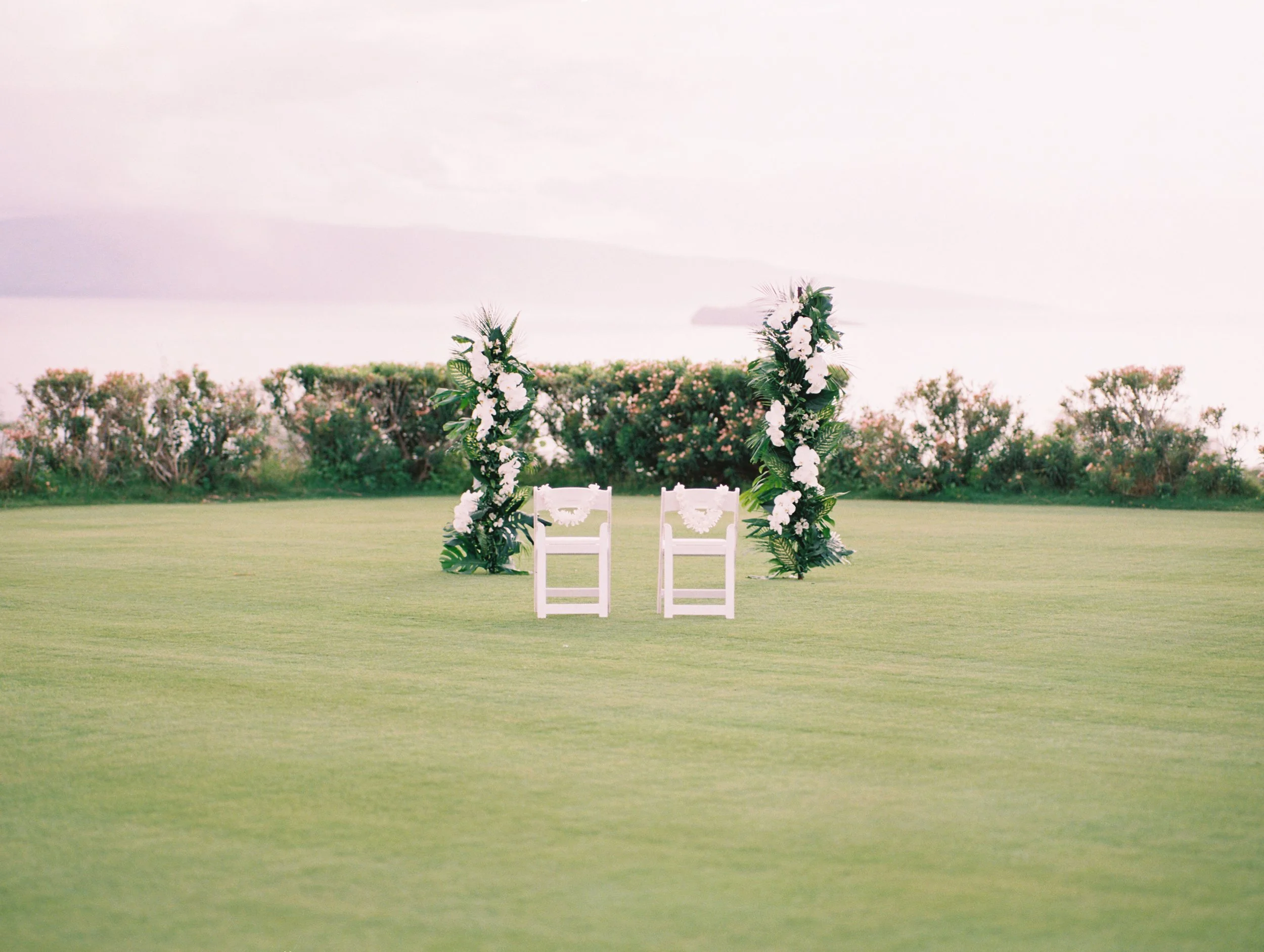 Ceremony setup at Molokini Lookout at Gather on Maui wedding venue.