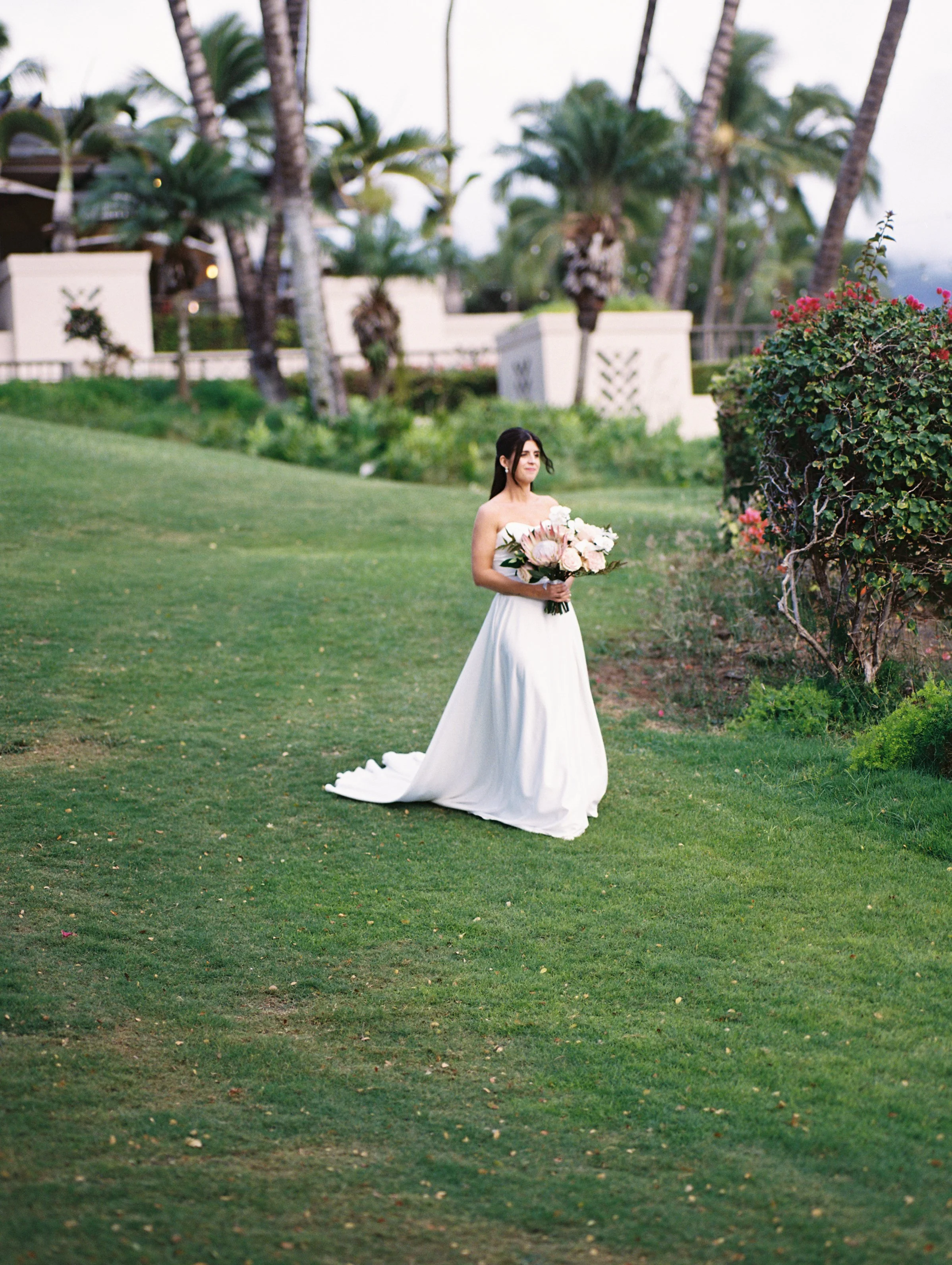 Romantic wedding portrait photographed on medium-format film at Gather on Maui wedding venue.