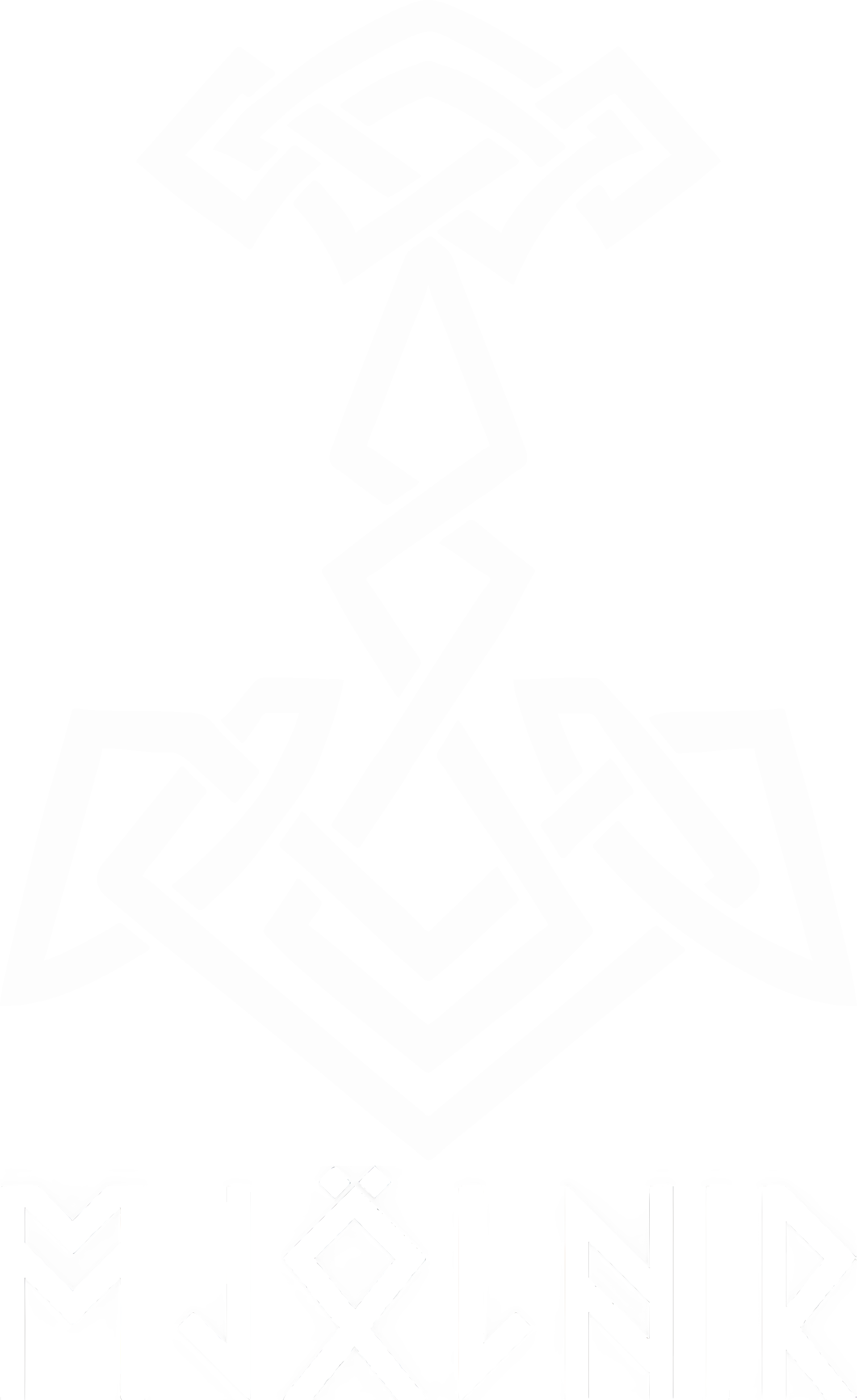 A black and white Nordic-style design featuring intricate, interwoven geometric lines forming a stylized animal figure, with Runic-like symbols underneath.