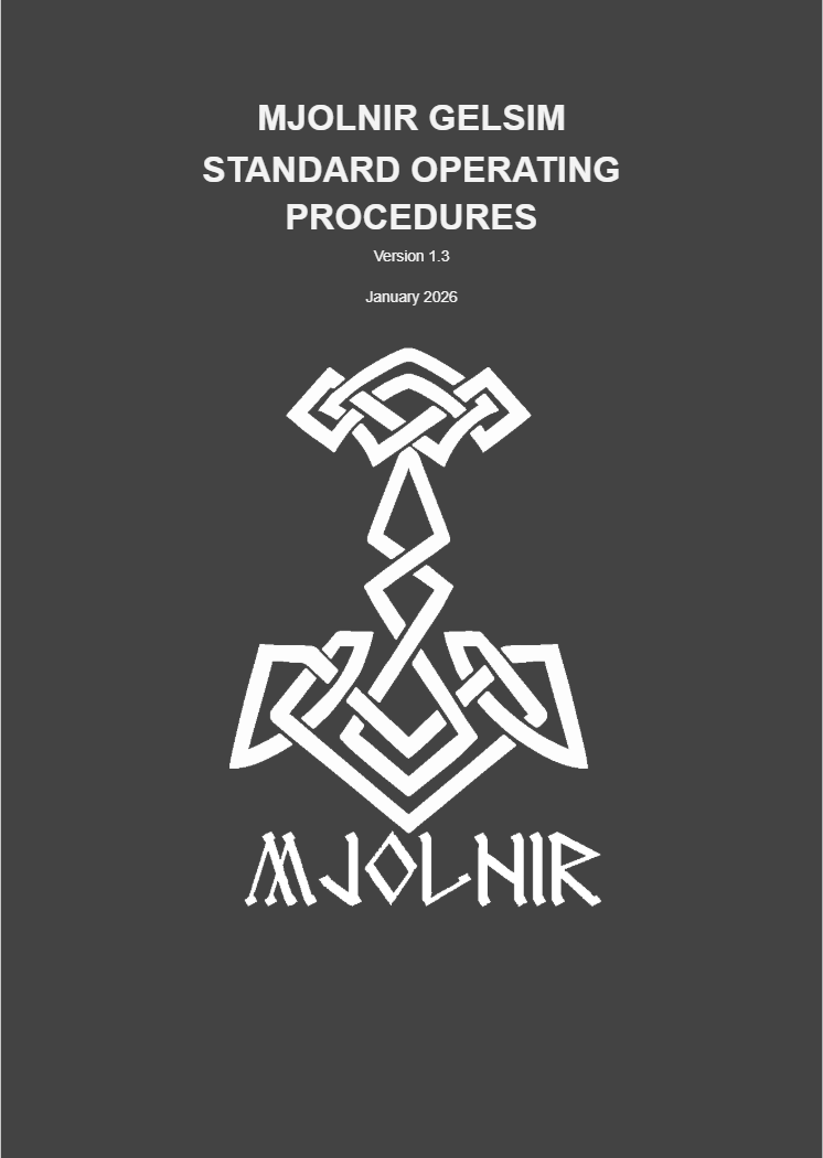 Cover page of a manual titled 'MJO L NIR GELSIM STANDARD OPERATING PROCEDURES', Version 1.3, January 2026, with a decorative Nordic knot-style anchor symbol and text 'MJO L NIR' beneath.