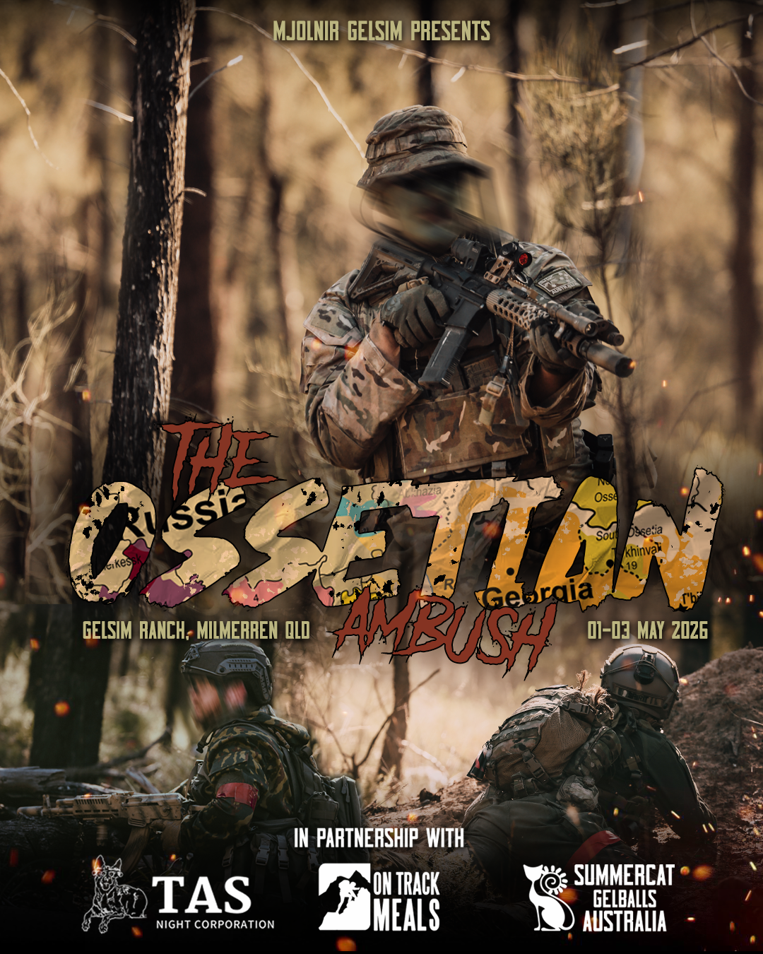 A promotional poster for 'The Ossetian Ambush' event, showcasing soldiers in camouflage gear patrolling a forest, with event details including location, dates, and partner organizations.