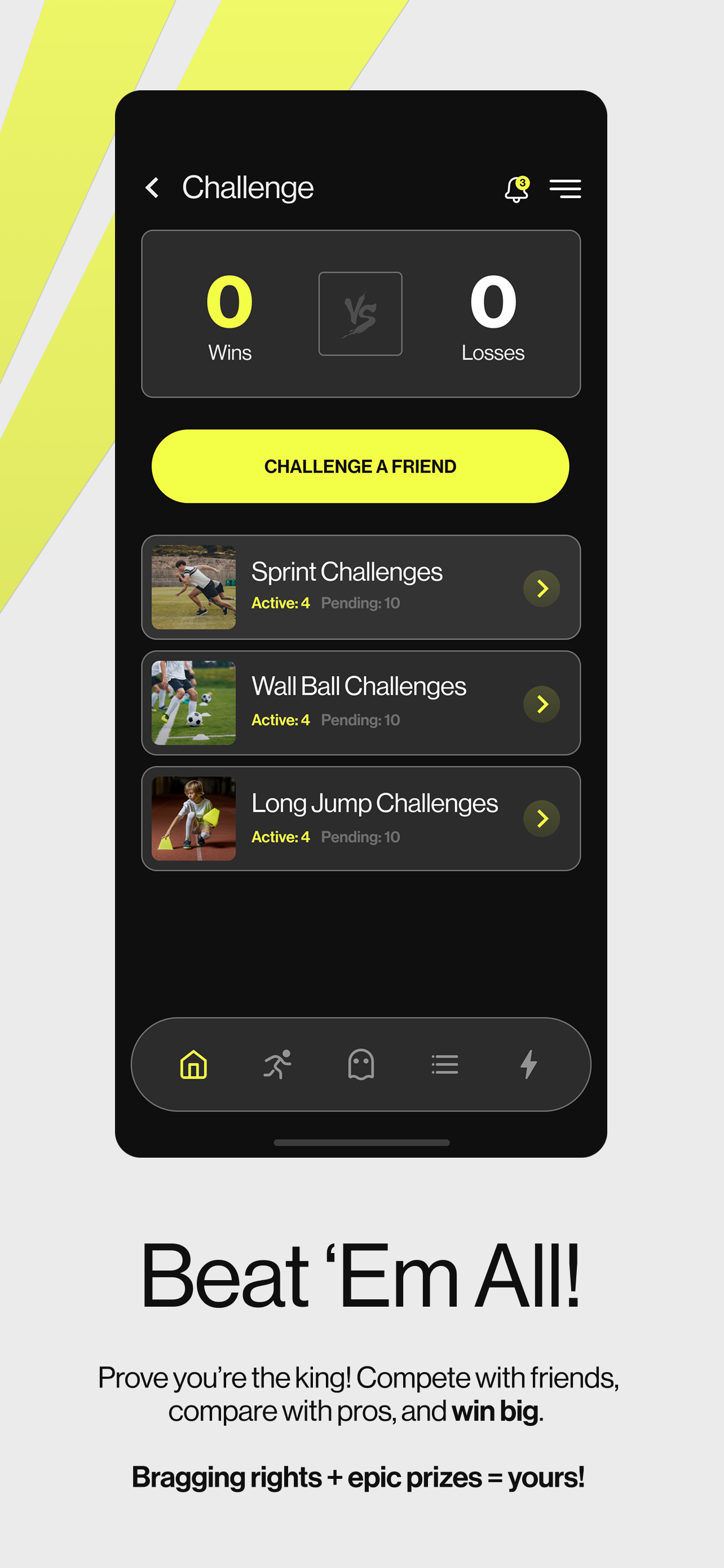A mobile app screen showing a fitness challenge interface with options for different challenges, including Sprint, Wall Ball, and Long Jump, all displaying active status and pending counts.
