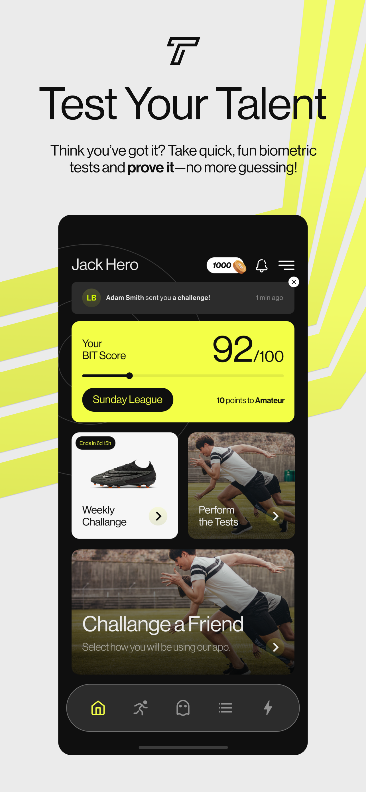 Mobile app screen showing a fitness challenge platform with a score of 92 out of 100, winner's badge, and options for weekly challenge, performing tests, and challenging a friend.