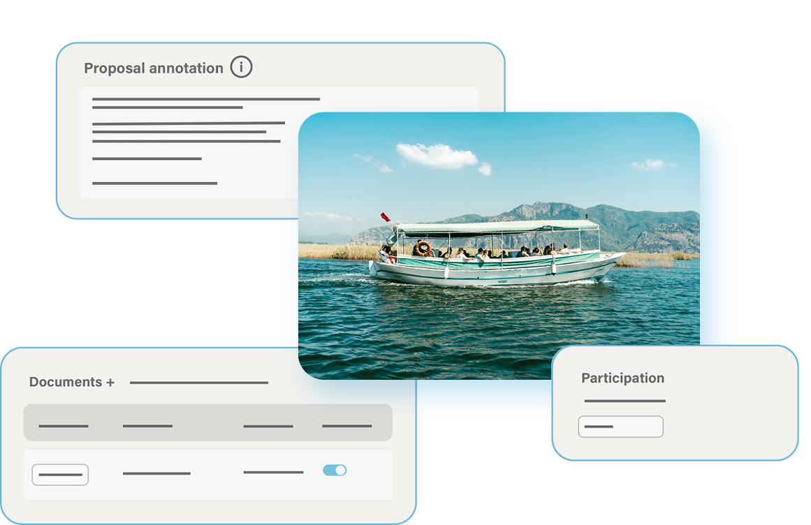 A boat with people sailing on a lake, with a backdrop of mountains under a blue sky with scattered clouds.