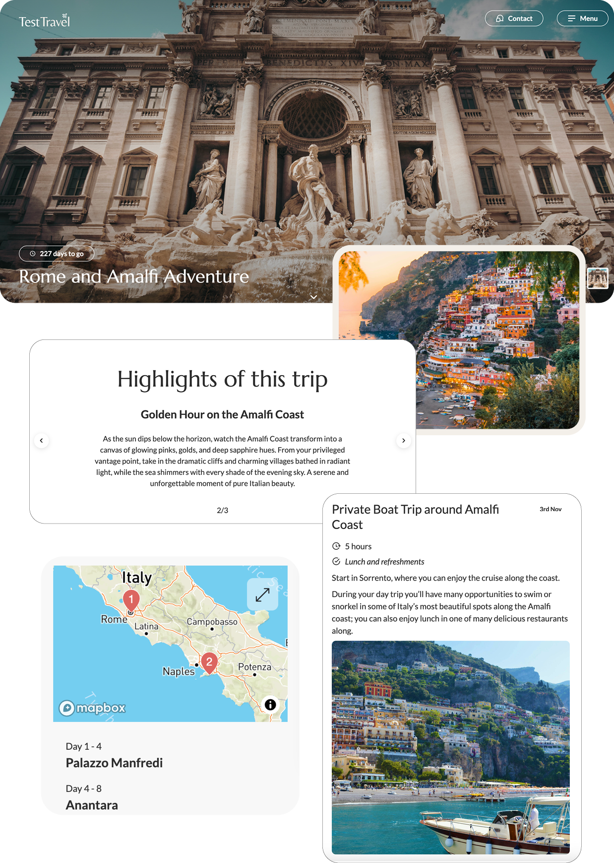 Collage of images, maps and text from an itinerary for visiting Rome and the Amalfi Coast.