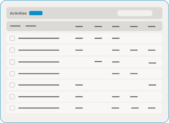 A digital task list with a tab labeled Activities, checkboxes, and lines of text for tasks.