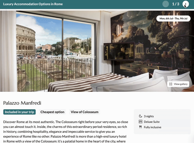 Slideshow of Rome hotel images and description text.