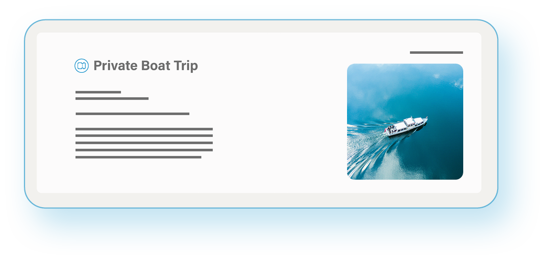 Digital card display for a private boat trip, with an aerial photo of a boat on the water.