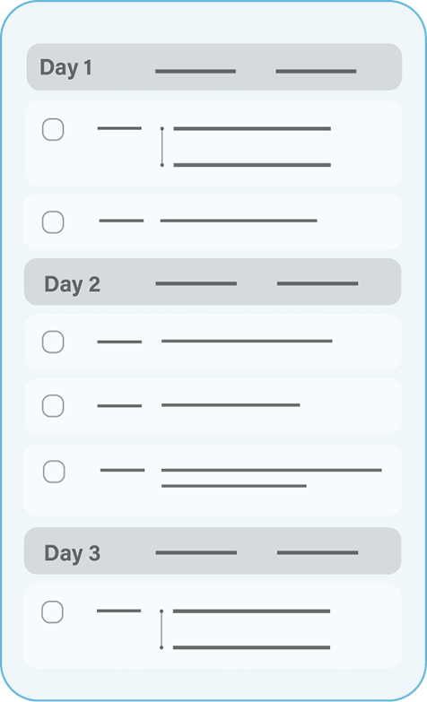 A multi-day checklist with sections labeled Day 1, Day 2, and Day 3, each containing multiple blank checkboxes and lines for writing, on a light background.