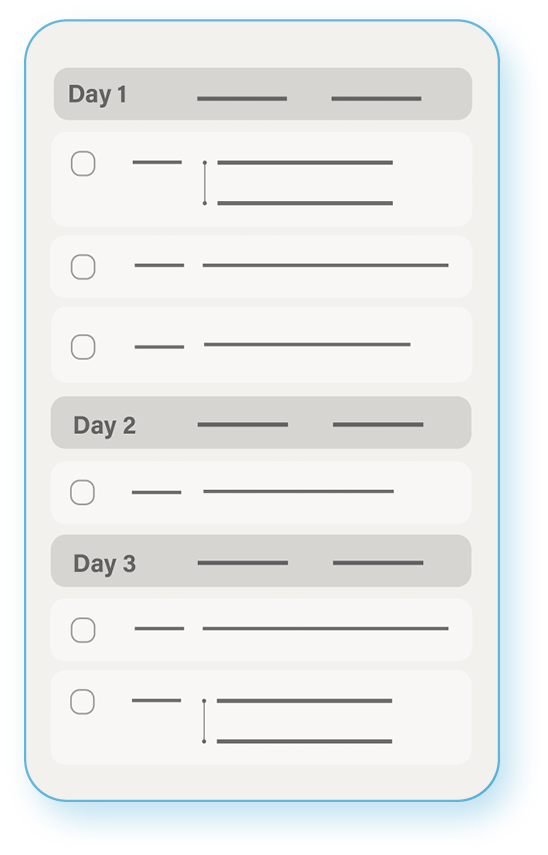 A digital weekly planner displaying three days with checkboxes and corresponding blank lines for notes or tasks, organized in a vertical list on a tablet screen.