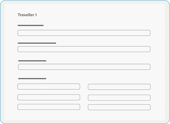 An airline boarding pass for Traveler 1 with personal information fields.