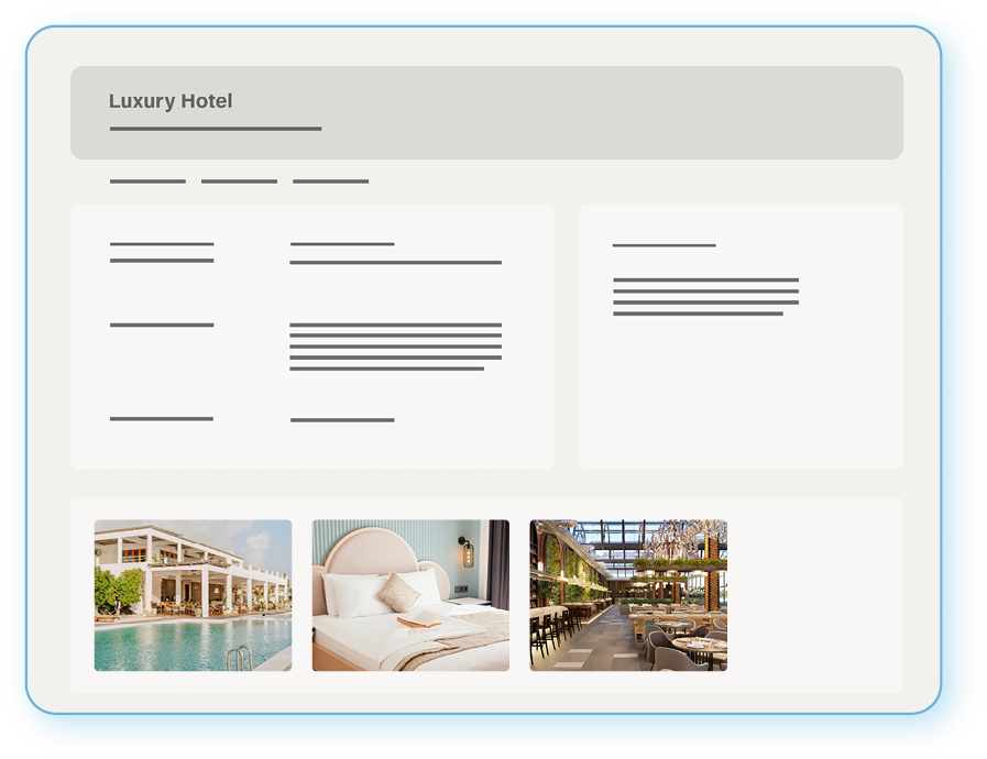 Software product page for a luxury hotel showing images of an outdoor pool, a bedroom, and a restaurant or lounge area.