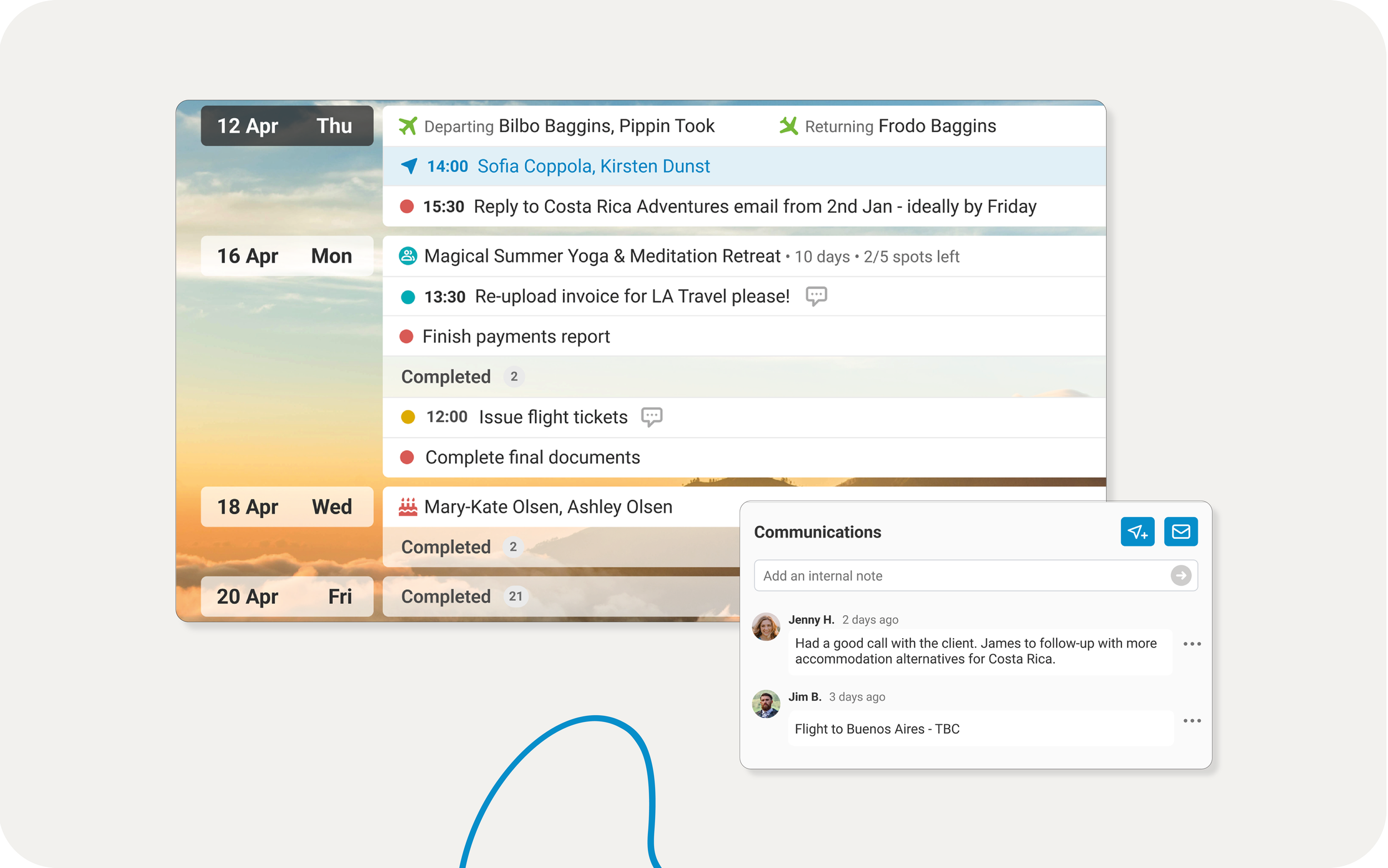 A digital planner showing scheduled travels, appointments, and communications, including flight departures, meetings, and work tasks.
