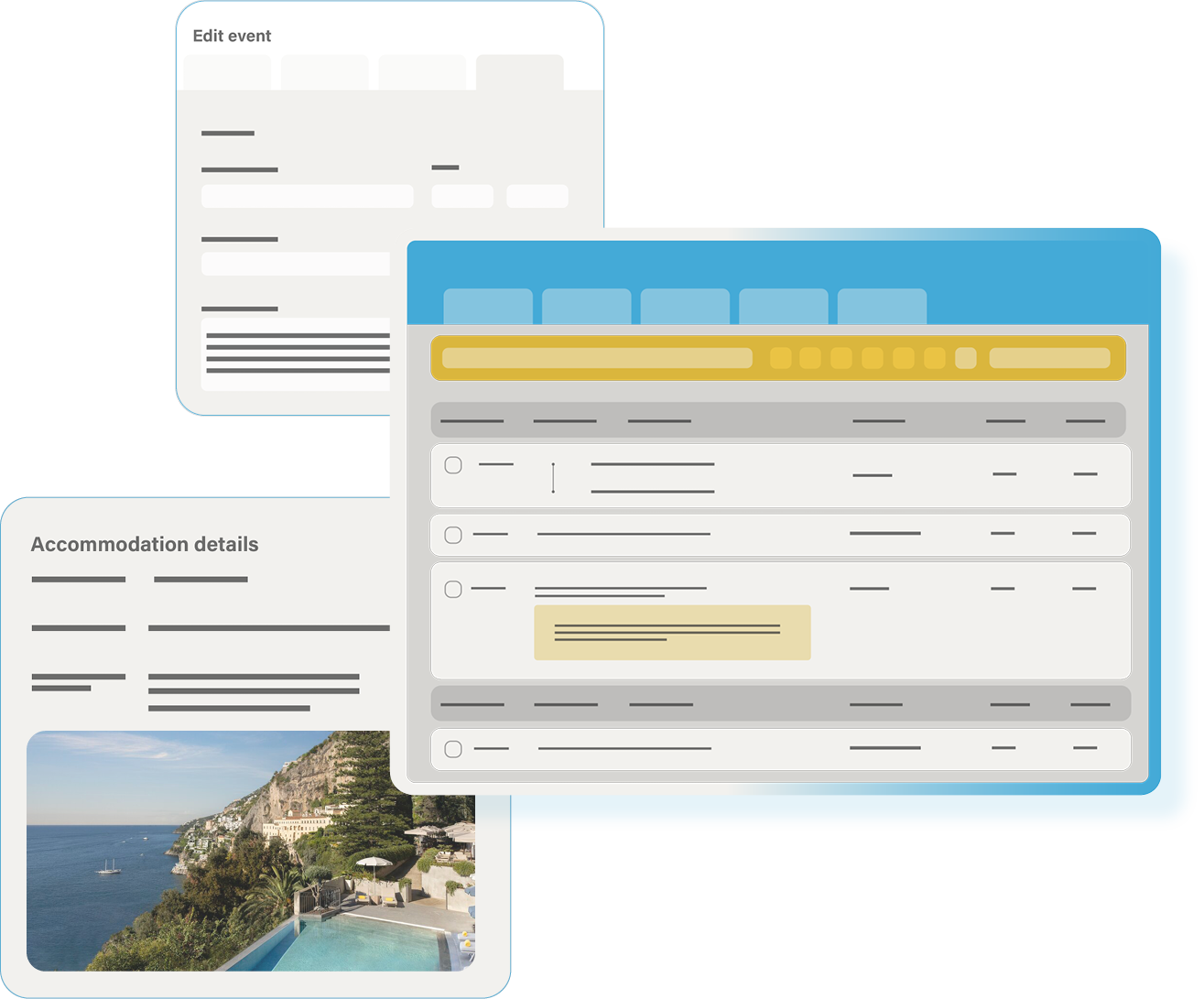 3 rectangles with illustrations showing a software interface.