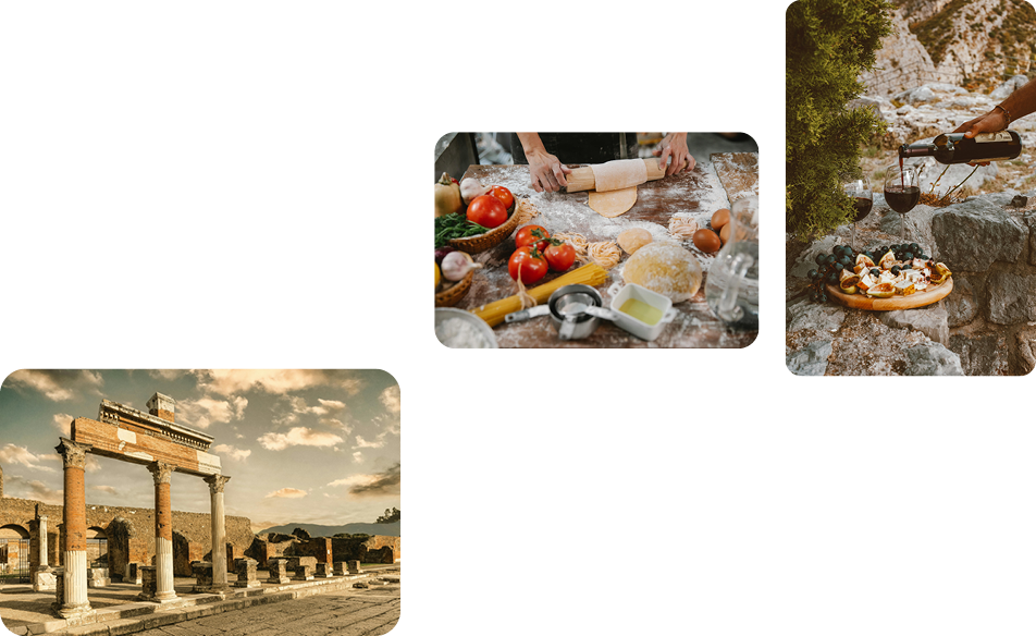 Collage of four images: a person pouring red wine with a bottle on rocks outdoors, a chef preparing pizza with fresh ingredients, ancient ruins with columns at sunset, and a person kneading dough on a kitchen counter.