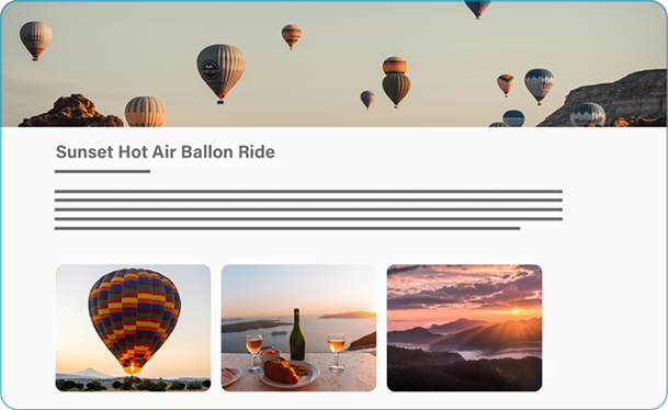 Hot air balloons floating in the sky during sunset with mountains in the background, featuring a webpage with the title 'Sunset Hot Air Balloon Ride' and three pictures of hot air balloons, wine and food, and a sunset landscape.