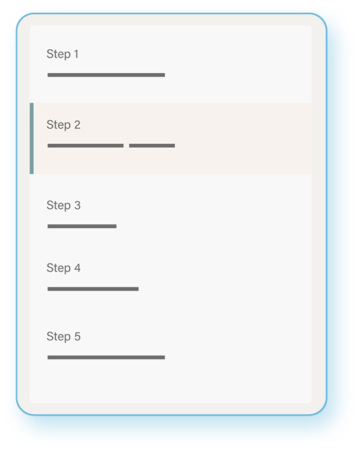 A step-by-step instructional guide displayed on a mobile device screen with five steps, each with horizontal lines indicating instructions.