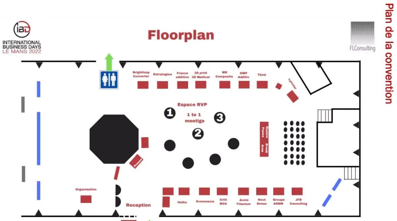 Plan du salon lors des International Business Days, avec diverses zones réservées à la réception, interventions, et stands pour différentes entreprises et programmes. La légende indique les éléments clés comme la zone RVP, les stands et les accès.