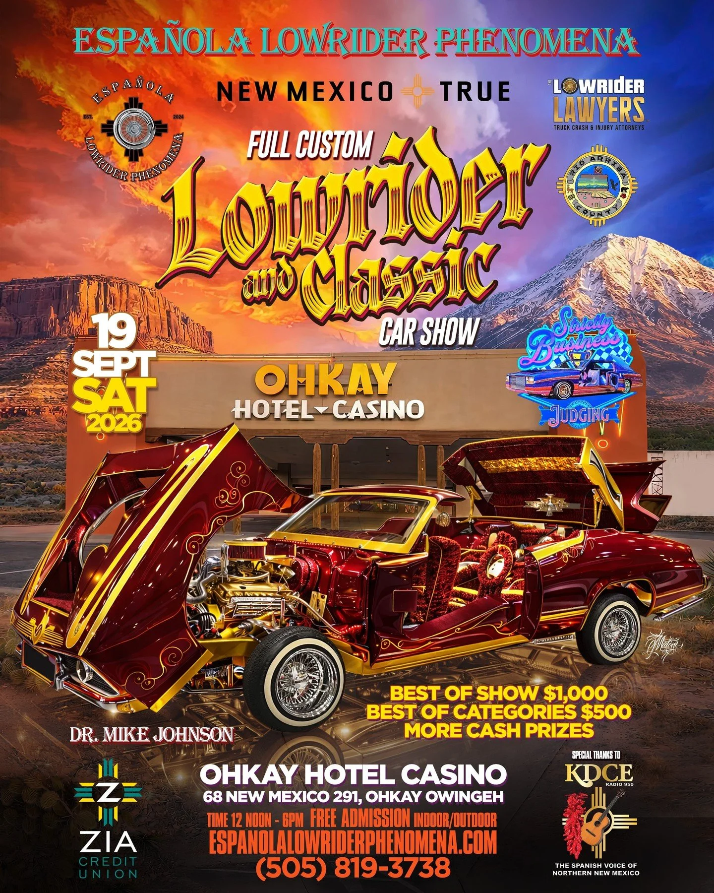 🚨 TOMORROW 🚨

Get ready for the Full Custom Lowrider &amp; Classic Car Show presented by Espa&ntilde;ola Lowrider Phenomena! 🚘

📅 Saturday, September 19, 2026
⏰ 12 PM &ndash; 6 PM
📍 Ohkay Hotel Casino &ndash; Ohkay Owingeh, NM
🎟️ FREE ADMISSION