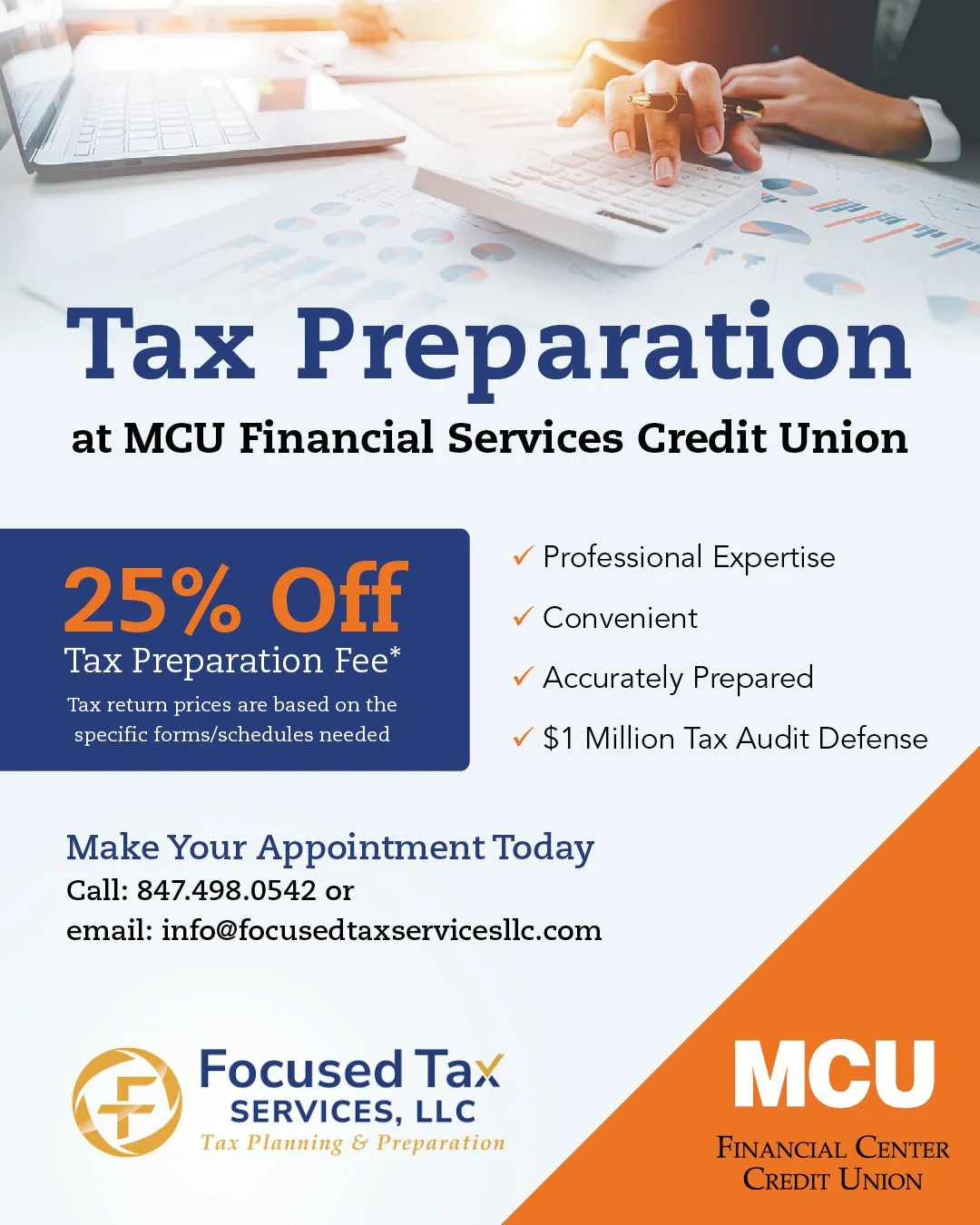 Start early and save big! Enjoy 25% off tax preparation services at MCU Financial Services Credit Union. Our team makes filing easy with convenient, professional expertise you can trust. Get started today: https://loom.ly/_yRIsPY 

*Must be a MCU mem