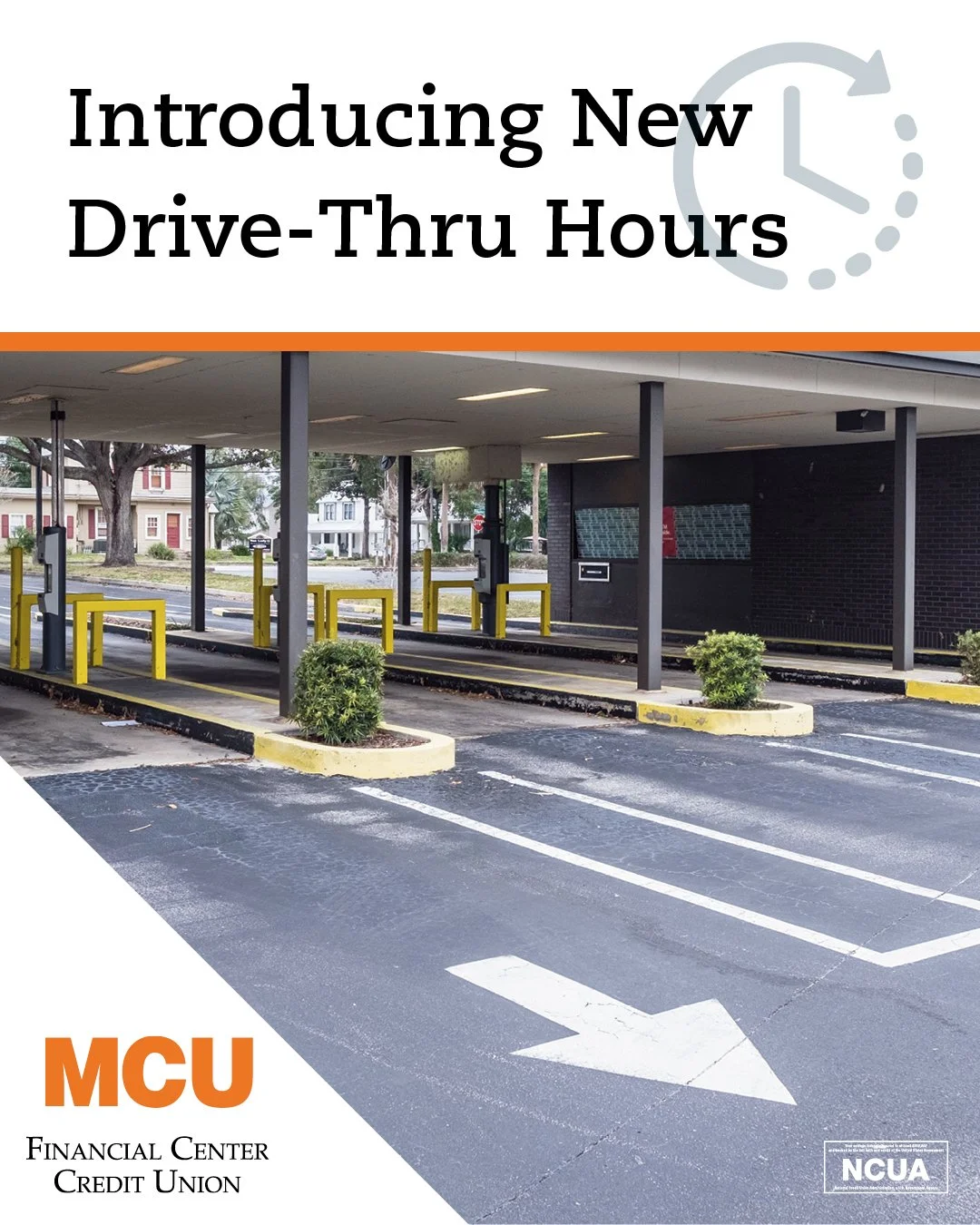 Great news! Our drive-thru has new hours. 🎉 To make banking even easier, our drive-thru hours now match our lobby hours. 

Cruise on over 🚗:
Monday &ndash; Friday: 9:00 a.m. to 5:00 p.m.
Saturday: 9:00 a.m. to noon

Need us after hours? Our ATM is 