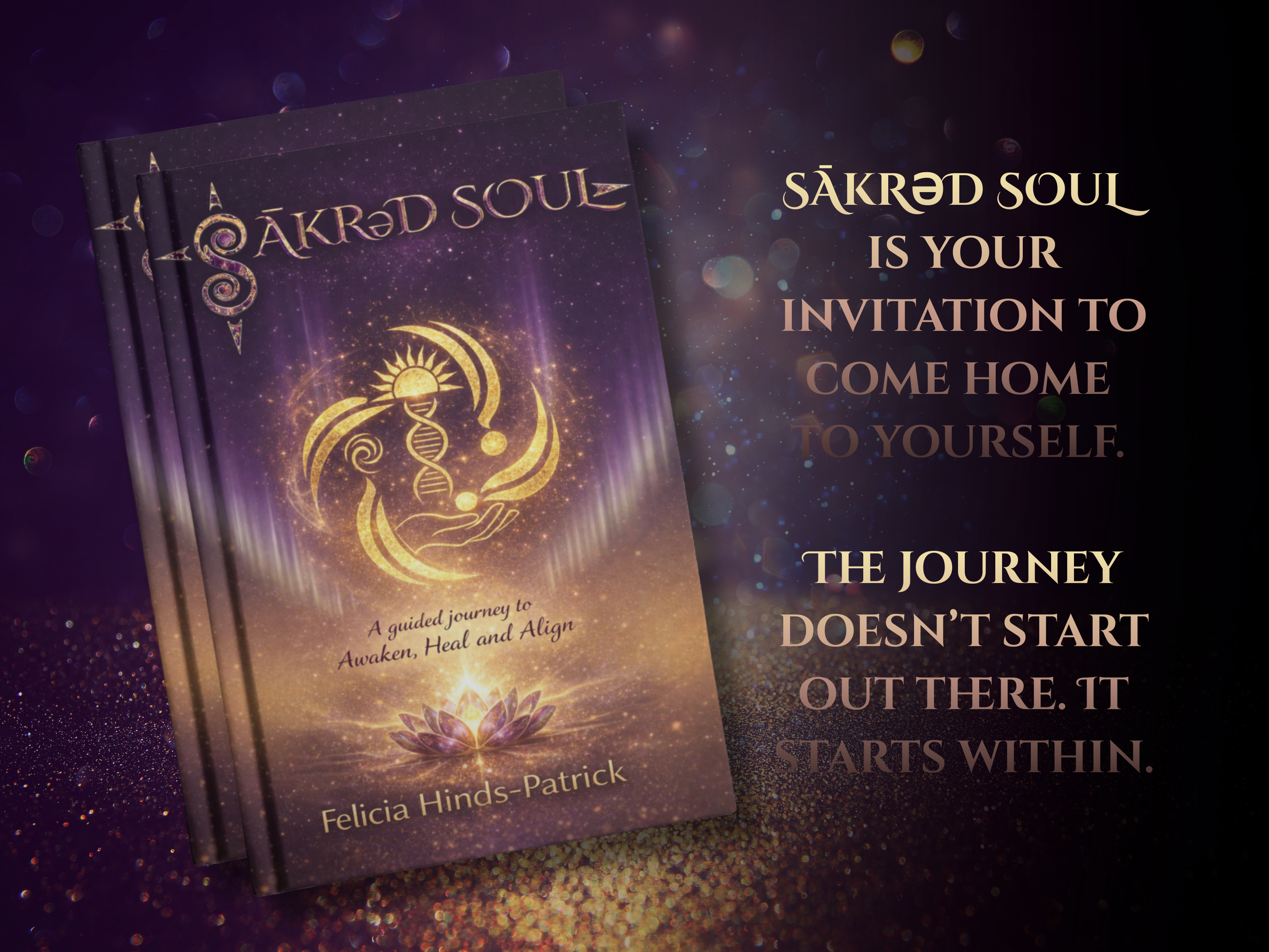 A book titled 'Sacred Soul' featuring a cosmic background with a glowing lotus flower and DNA helix symbol on the cover, alongside an inspirational quote about inner journey and awakening.