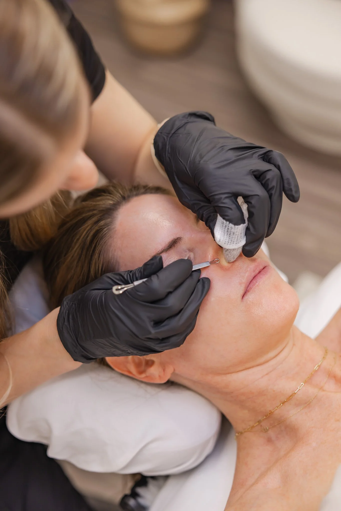 Client receiving mini facial treatment with gentle extractions at Morph Med Spa in Ridgefield, CT