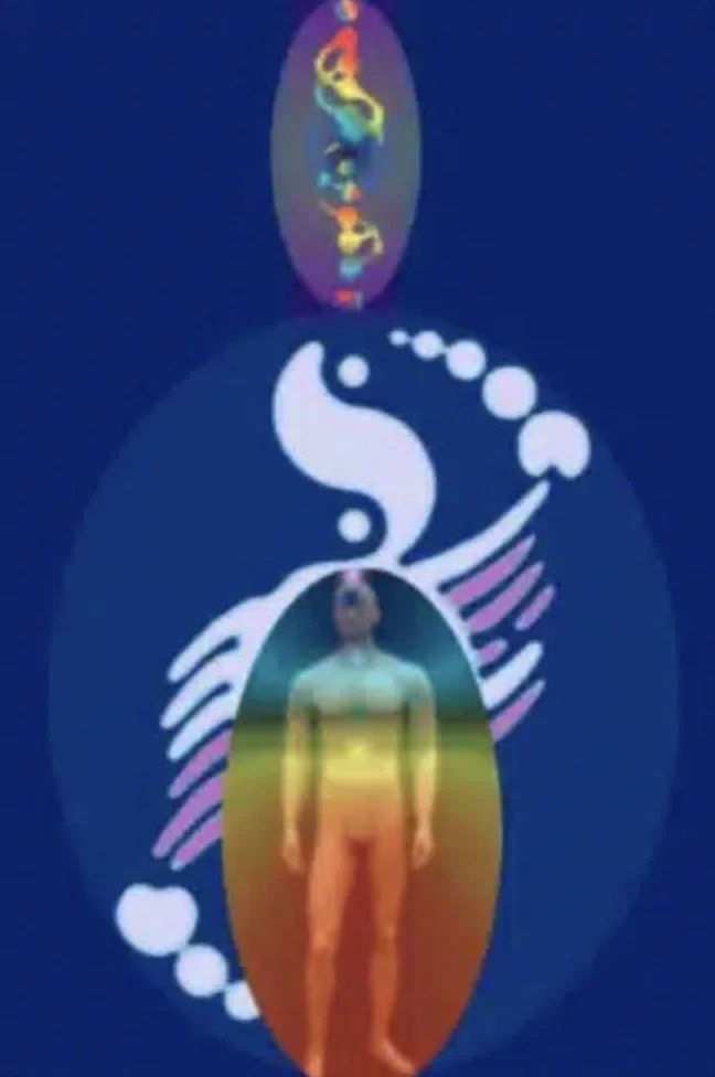 Abstract illustration of a human figure with colorful aura and cosmic elements on a blue background.