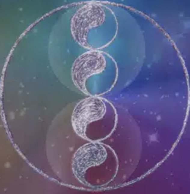 Abstract cosmic mandala with swirling shapes in a gradient background.