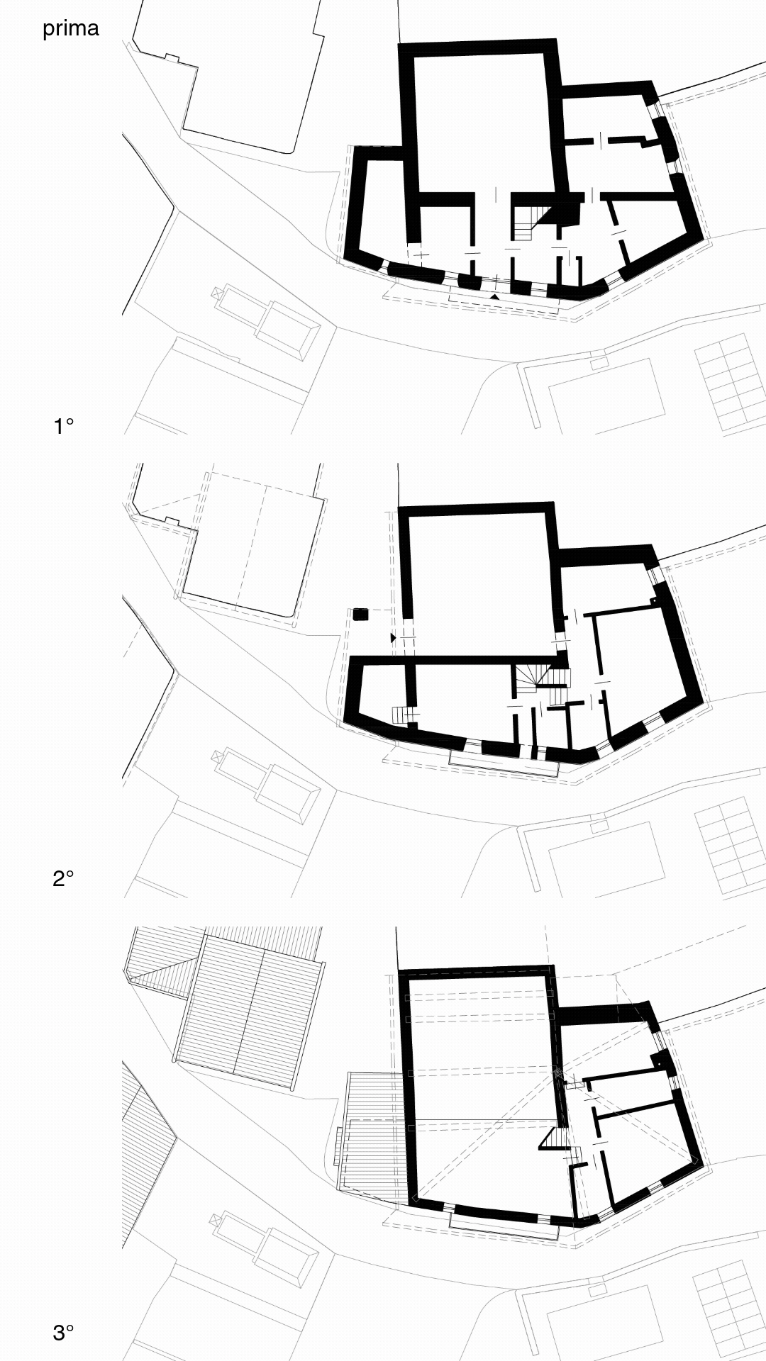 pianta dei tre livelli, progetto: fieno, pietra e Larice di studio falù, Val Poschiavo, Svizzera