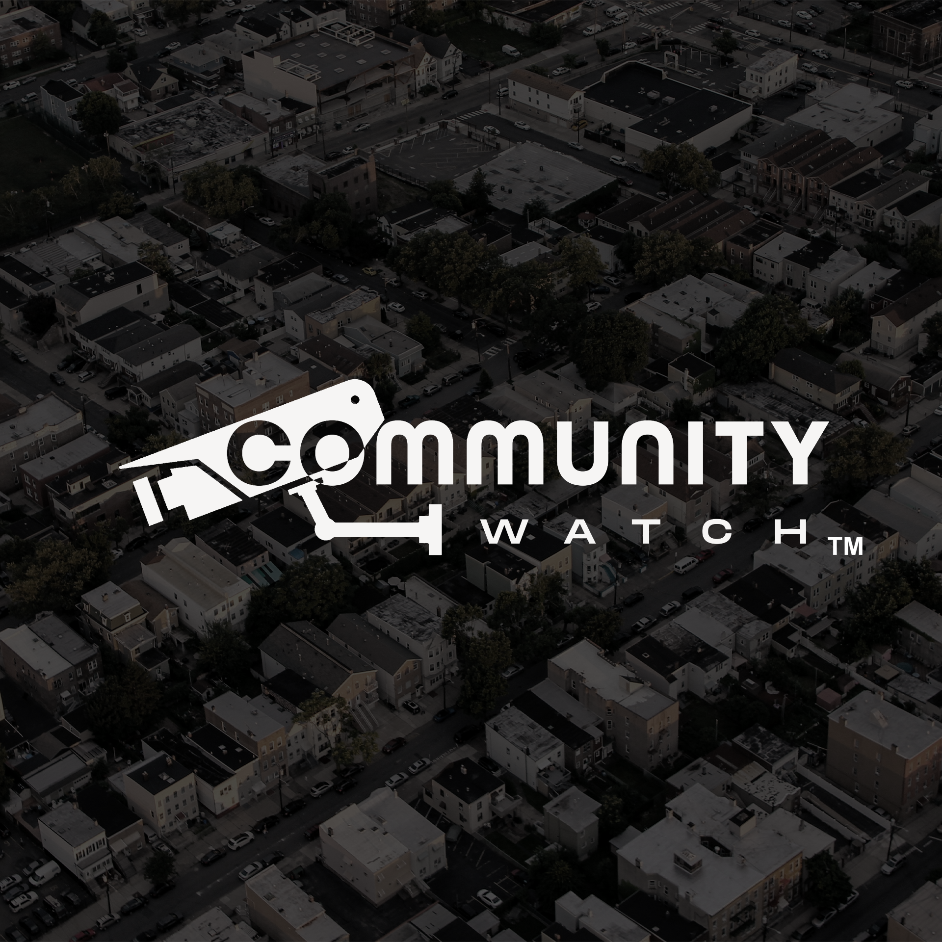 Aerial view of a city neighborhood with rooftops and streets, overlaid with a logo for Community Watch featuring police badges and a magnifying glass.
