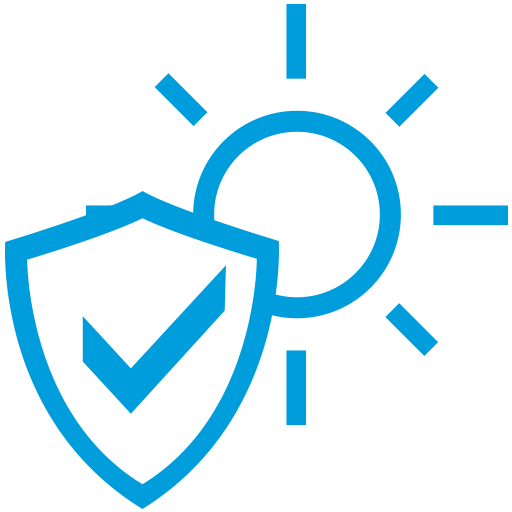 A blue shield with a checkmark in front of a sun icon.