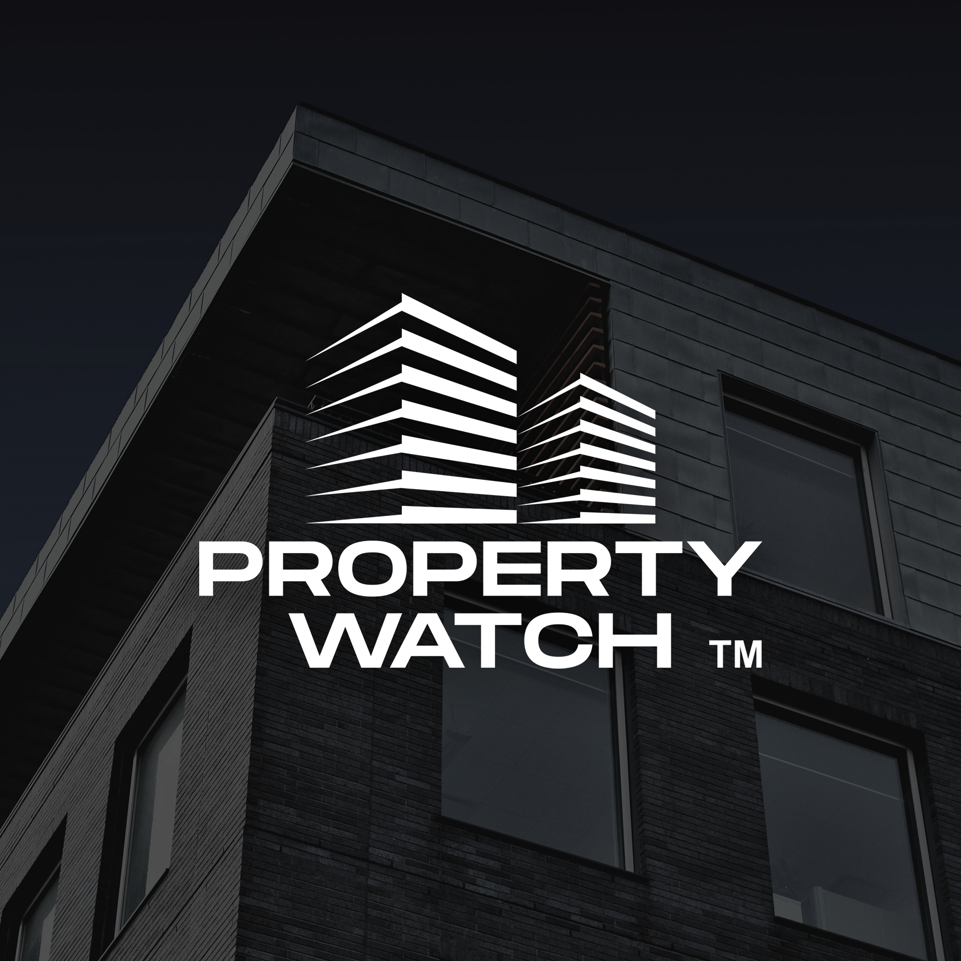 Modern building with the logo 'Property Watch' and a stylized outline of buildings in white.